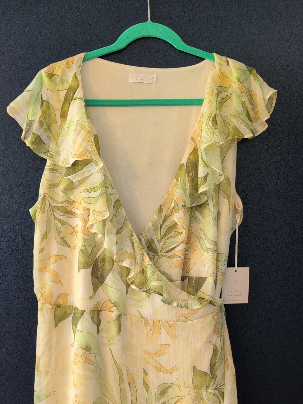 LC Lauren Conrad Yellow & Green Floral Ruffle Wrap Blouse